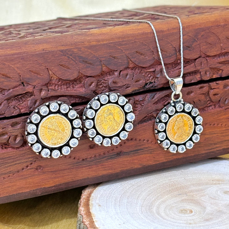 925 Gold Polished Silver Coin Pendant Set