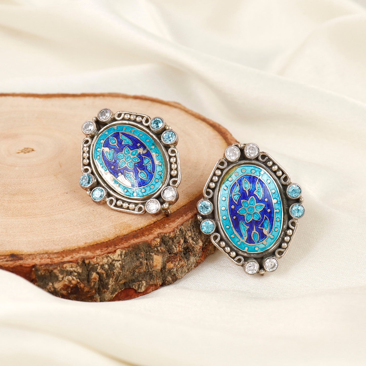 Floral Meenakari Enamel Silver Stud Earrings