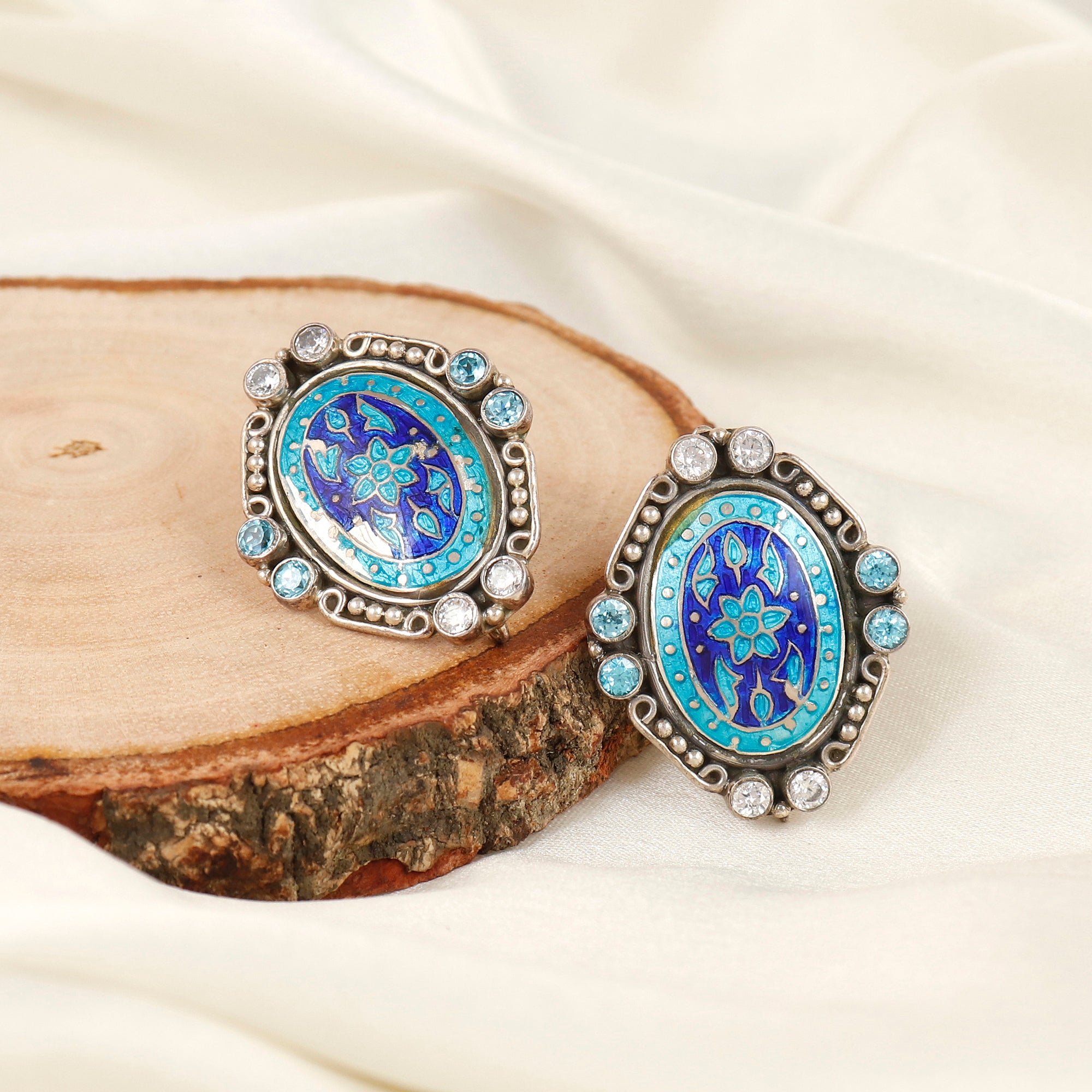 Floral Meenakari Enamel Silver Stud Earrings