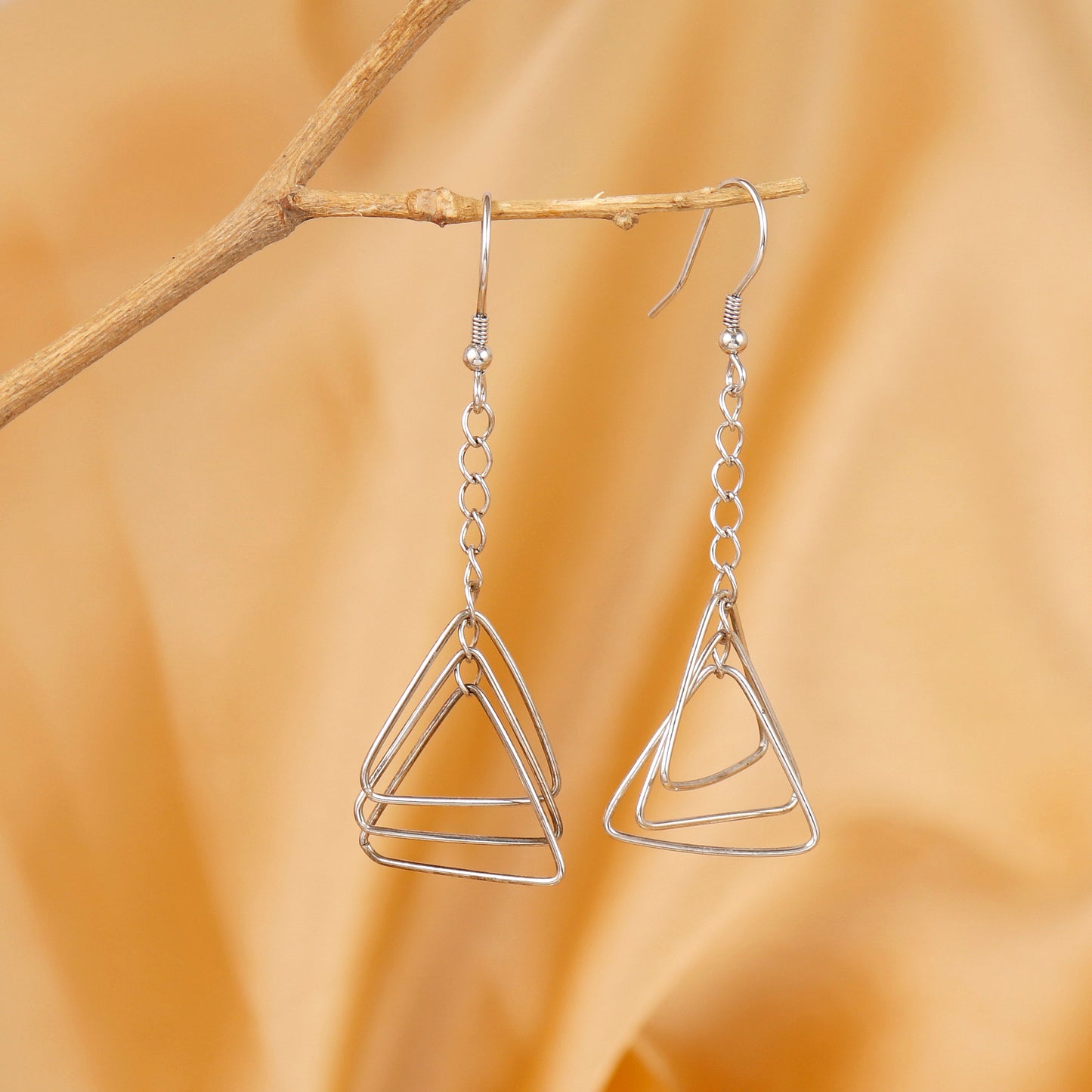 Modern Silver Geometric Tiered Triangle Earrings