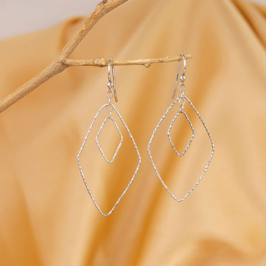Textured Rhombus Double-Frame Silver Dangles