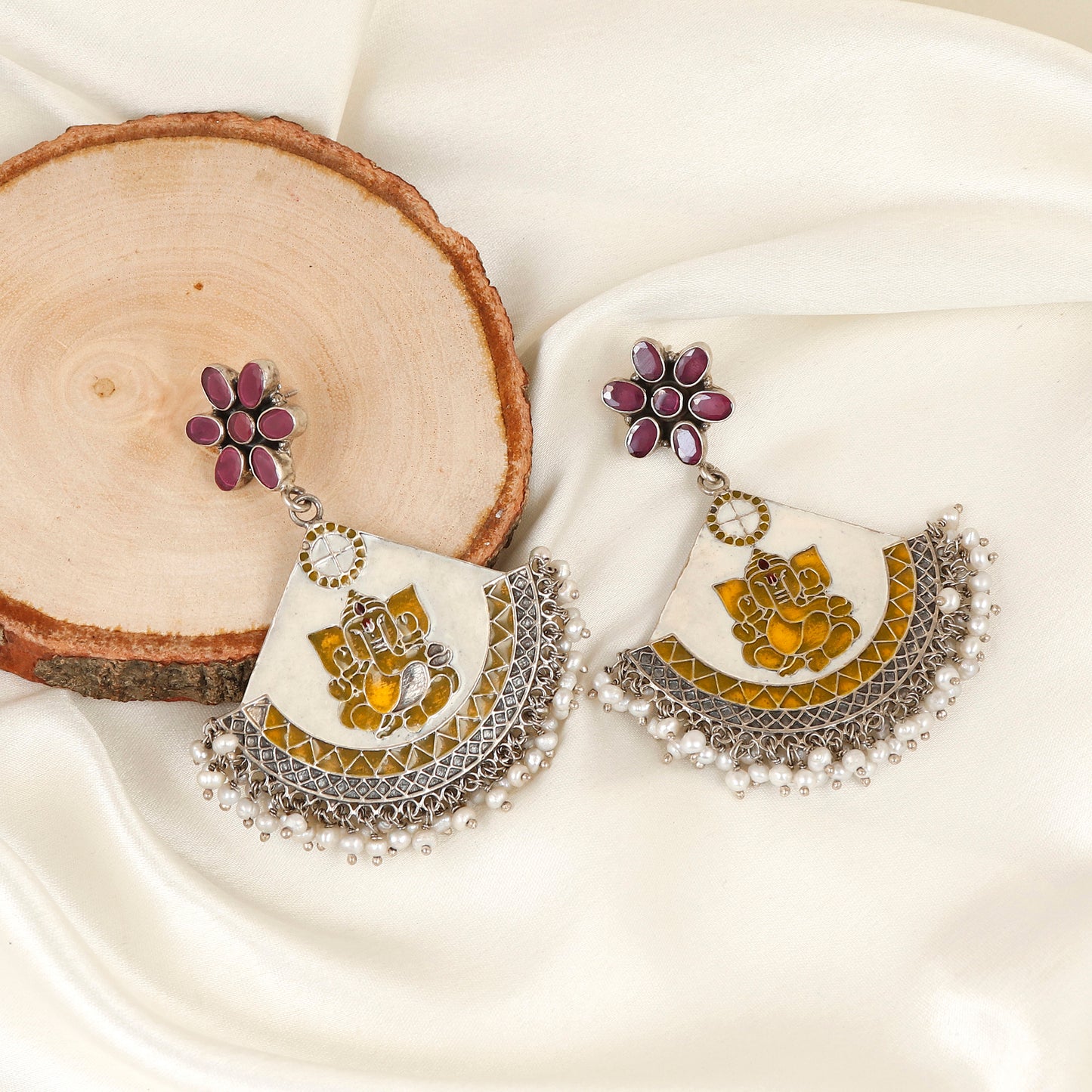 Traditional Meenakari Lord Ganesha Statement Silver Earrings