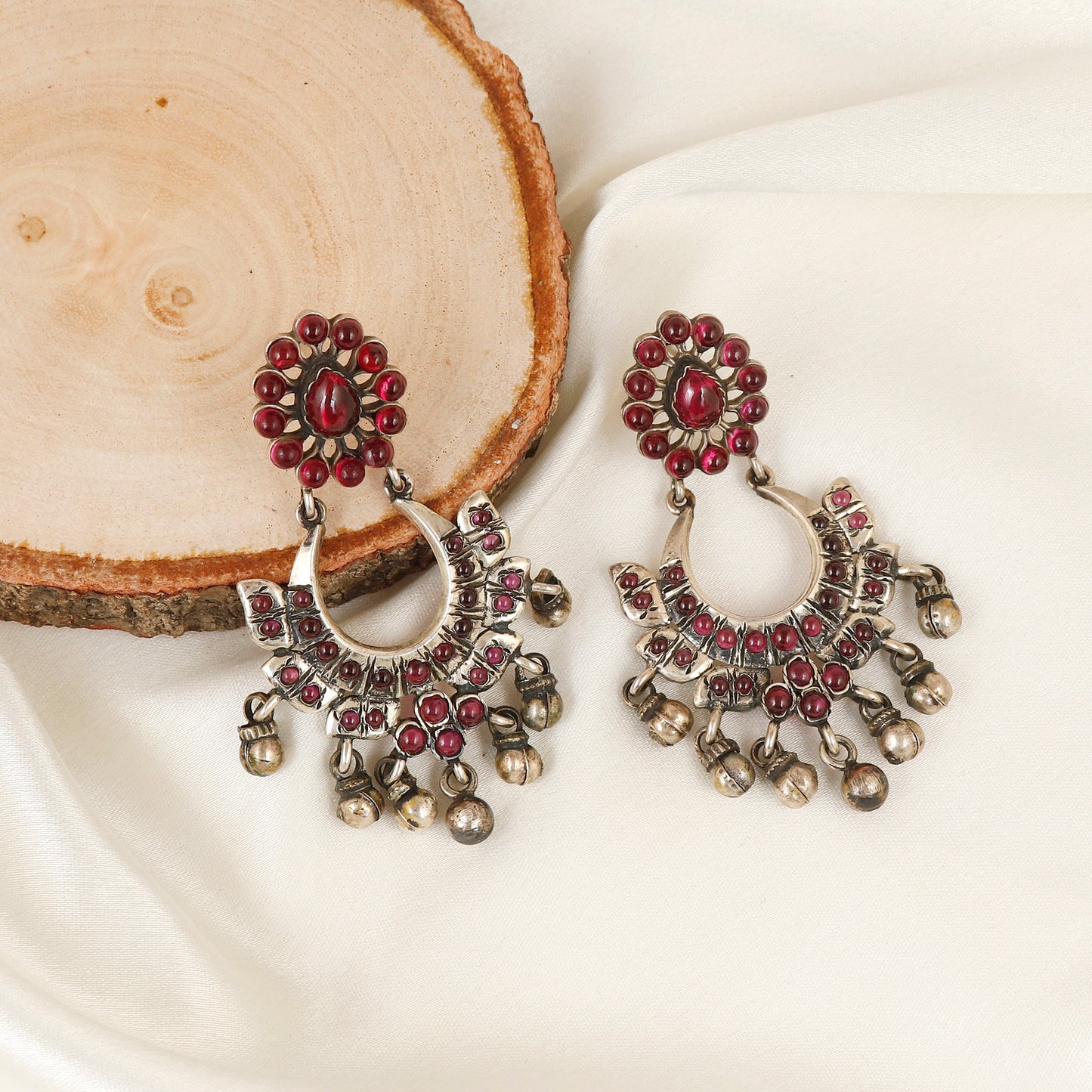Antique Oxidized Silver Ruby Stone Chandbali Earrings