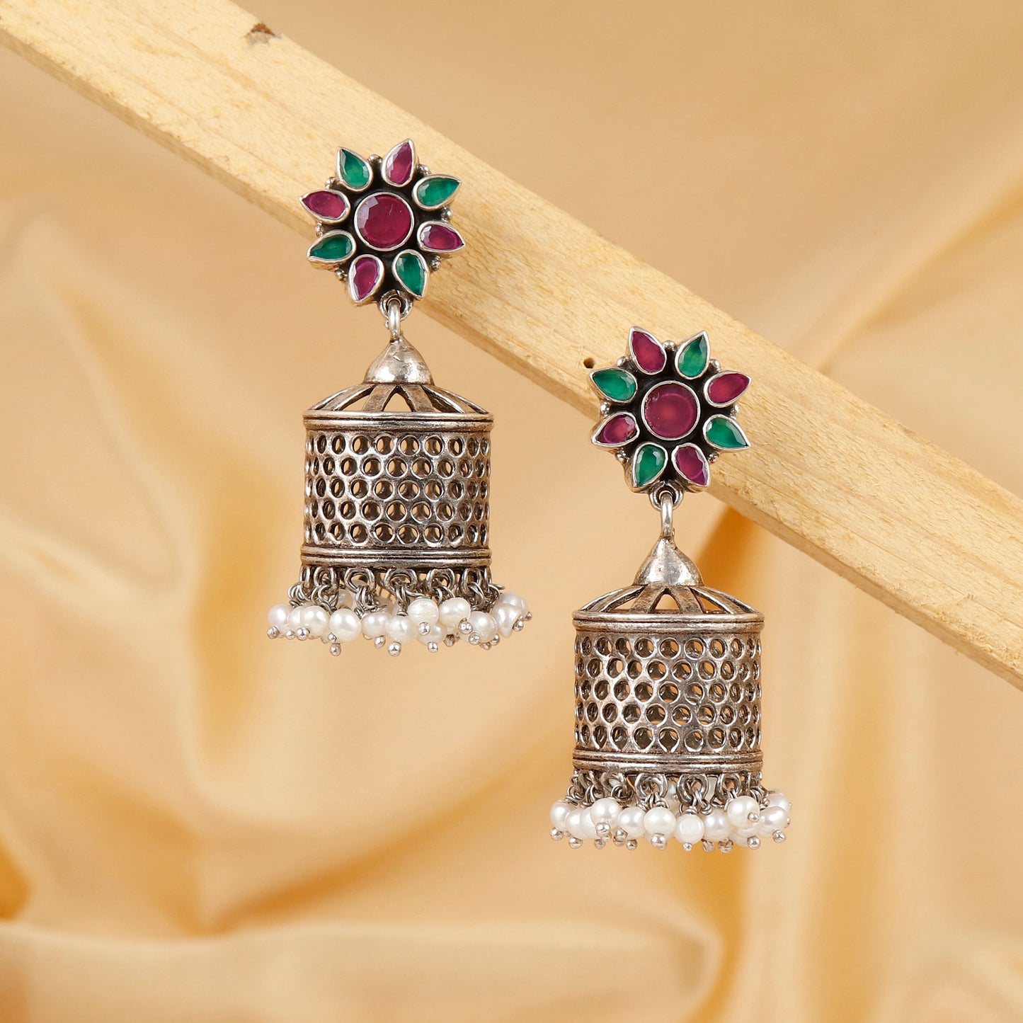 Zariya Ruby Green Ethnic Silver Jhumki Earrings
