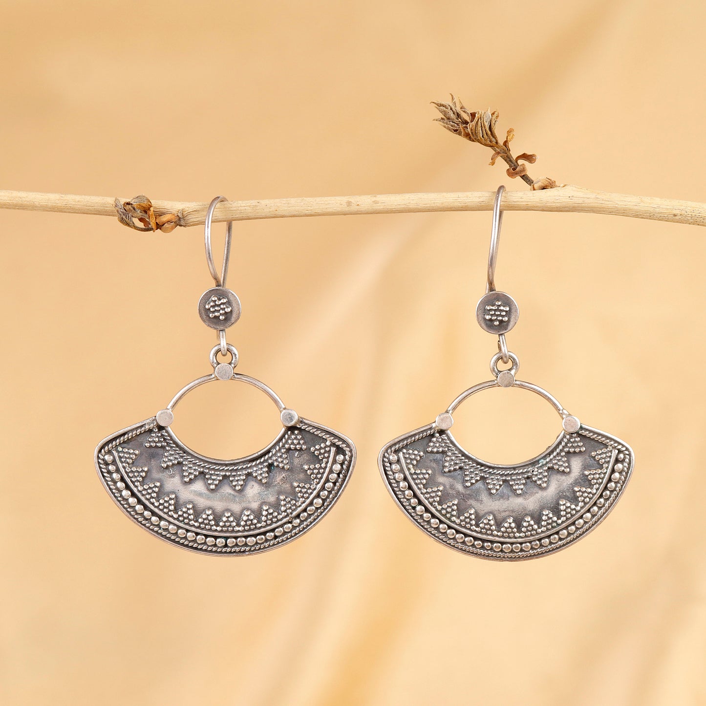 Ornate Half-Moon Filigree Silver Drops