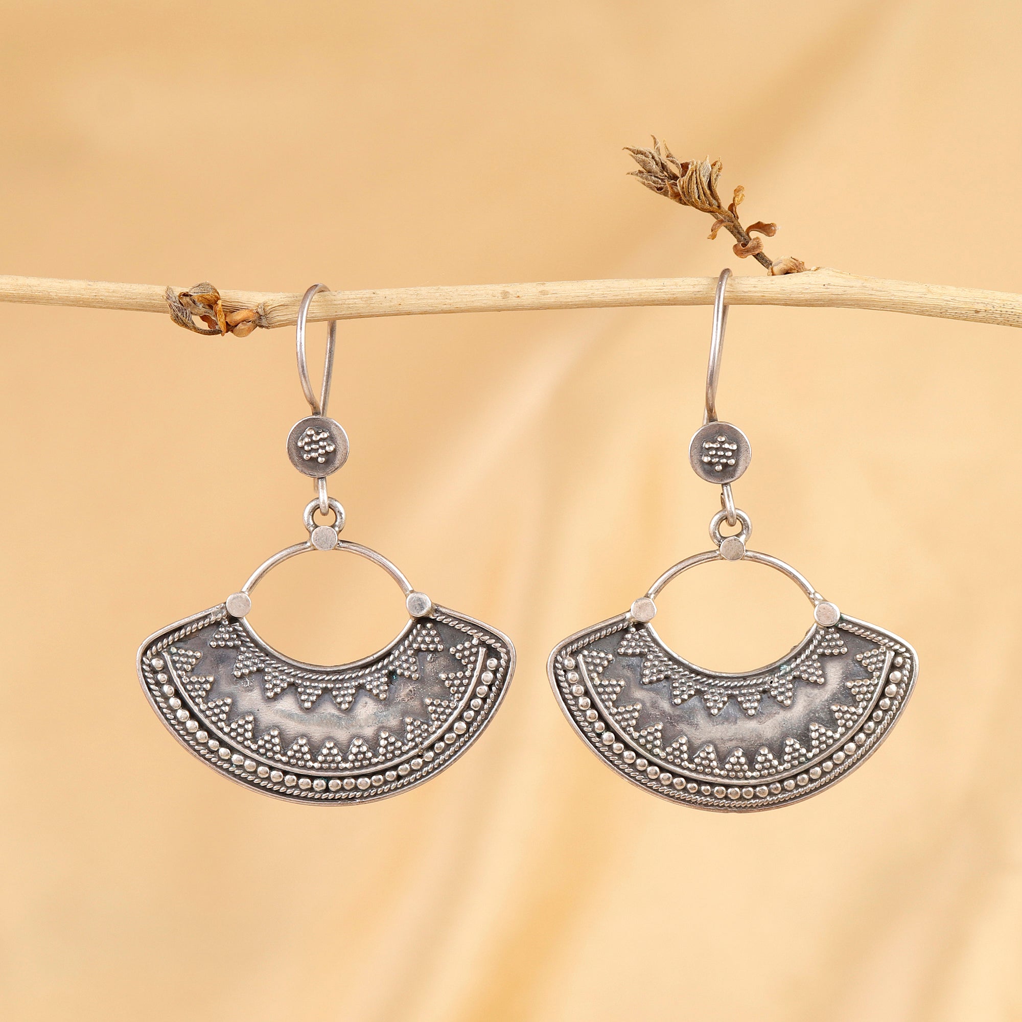Ornate Half-Moon Filigree Silver Drops
