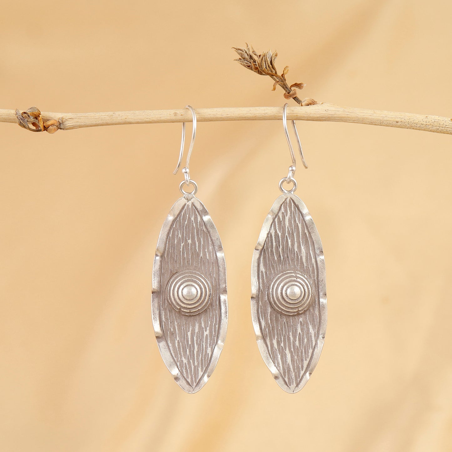 Antiqued Shield Textured Silver Drop Earrings