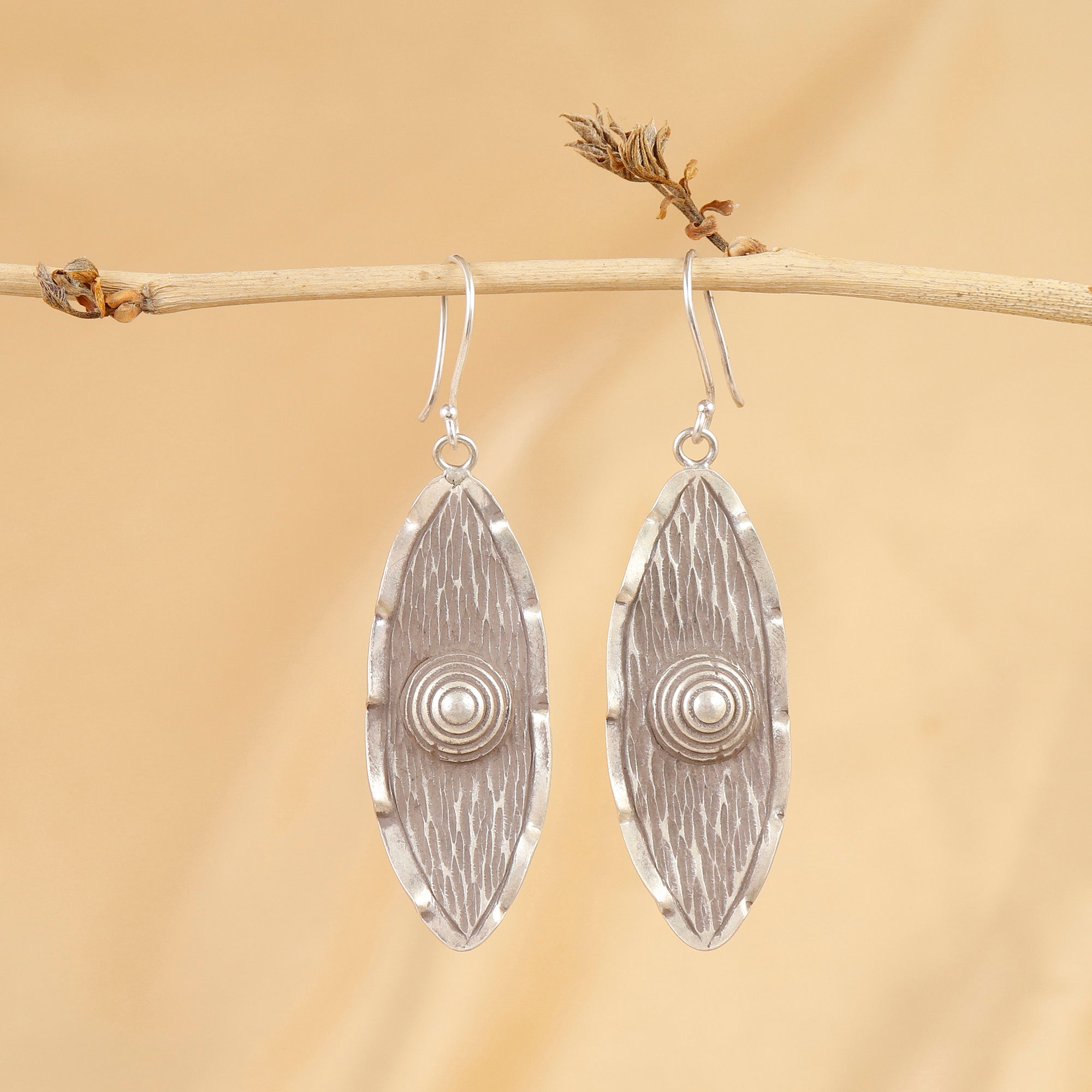 Antiqued Shield Textured Silver Drop Earrings