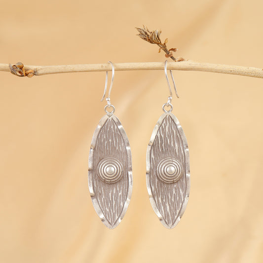Antiqued Shield Textured Silver Drop Earrings