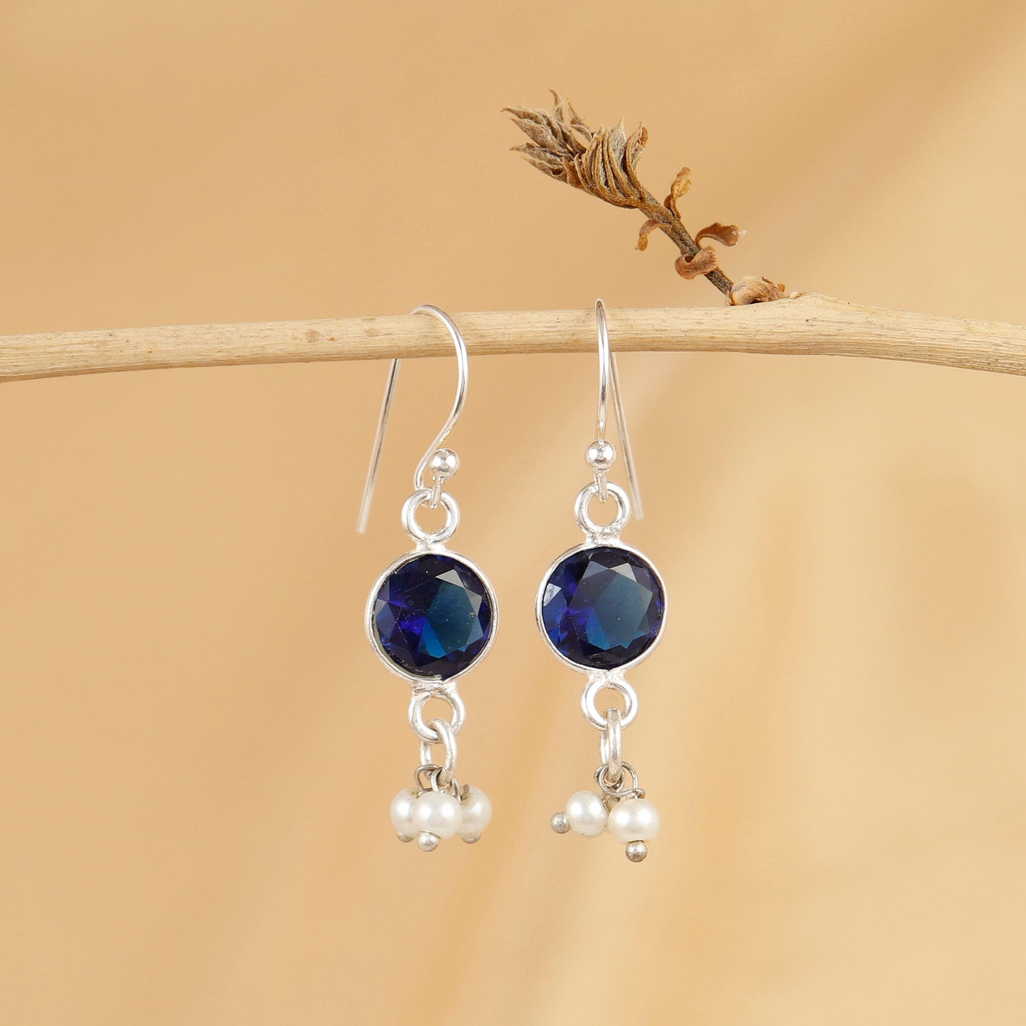 Sapphire Round Faceted Gemstone Silver Dangles