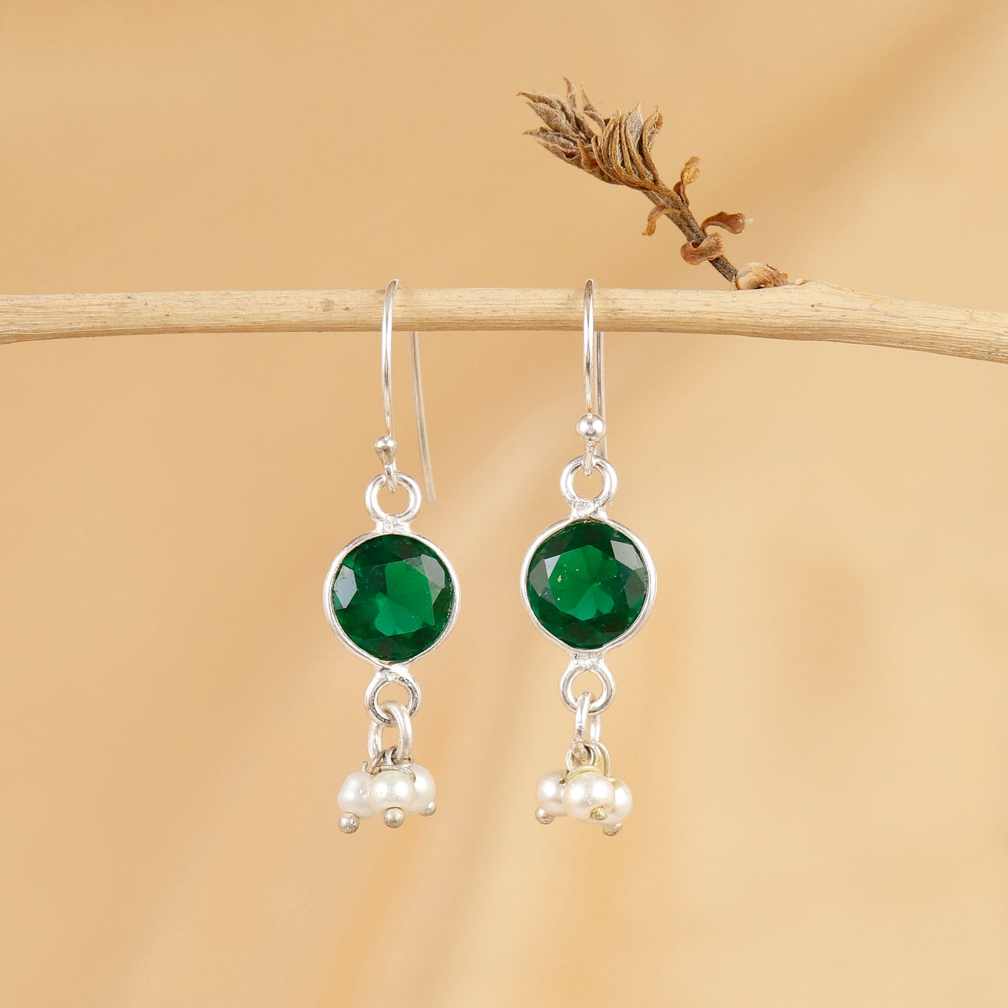 Round Faceted Gemstone Silver Dangle Earrings