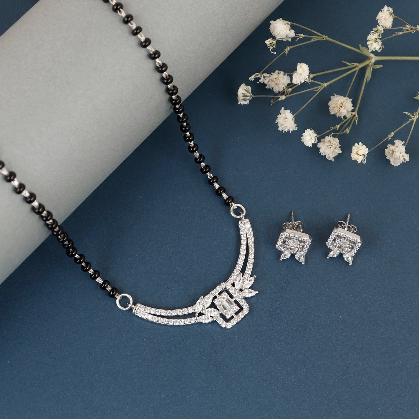 Sterling Silver Art Deco Square Accent Mangalsutra Set