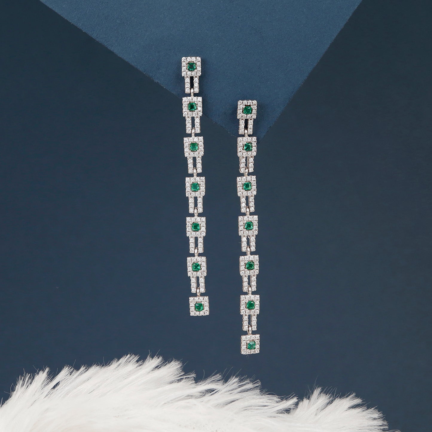 Emerald Glam Long Silver Earrings