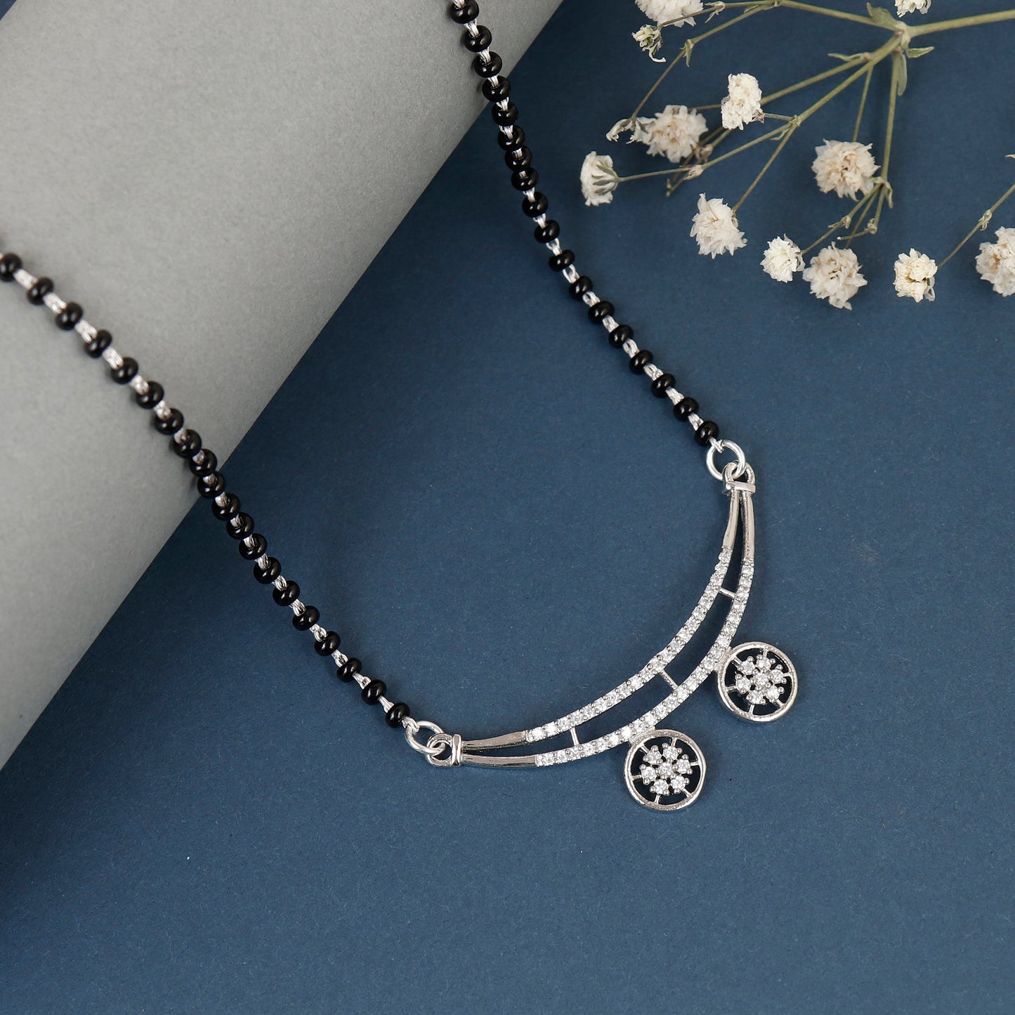 Double Wheel Floral Charm Silver Mangalsutra