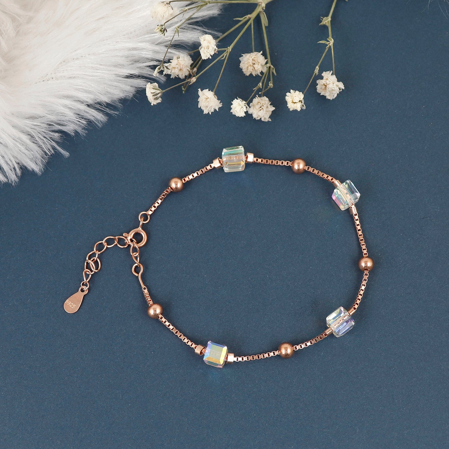 Rose Gold Cubical Aurora Crystals Silver Bracelet