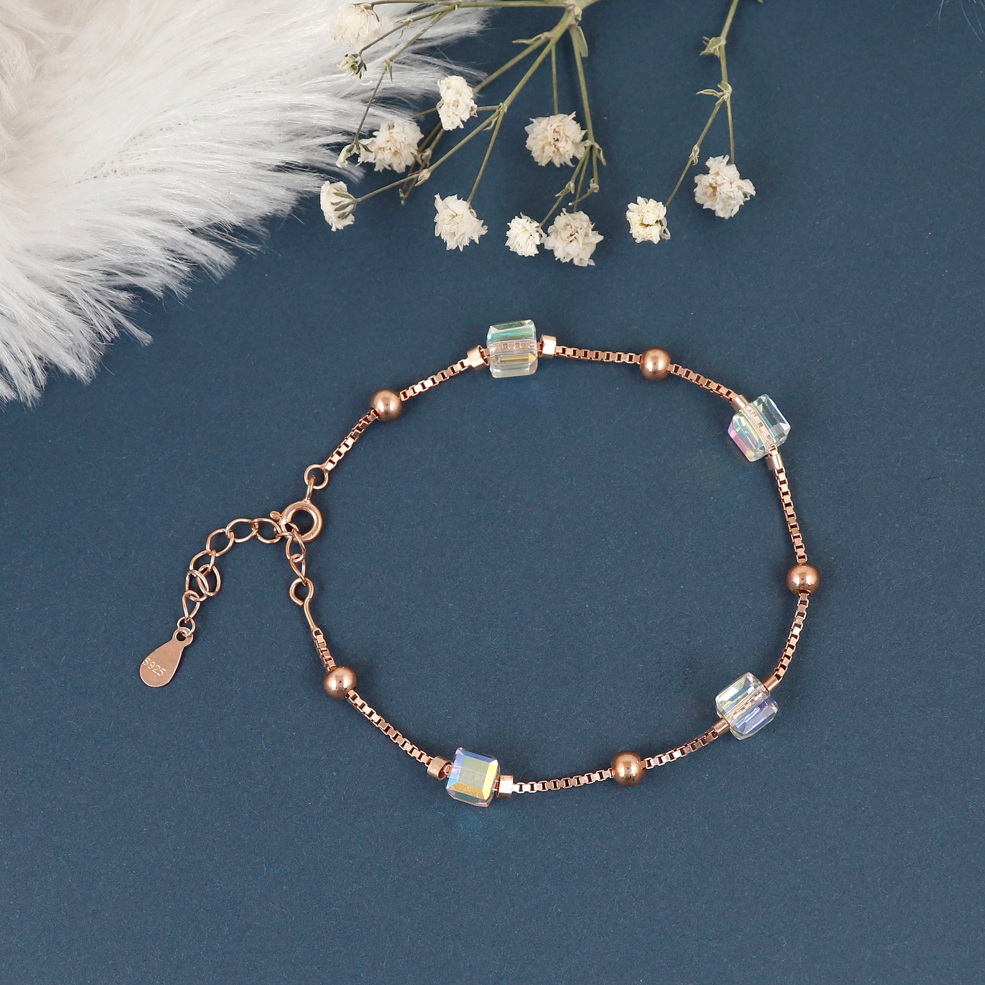 Rose Gold Cubical Aurora Crystals Silver Bracelet