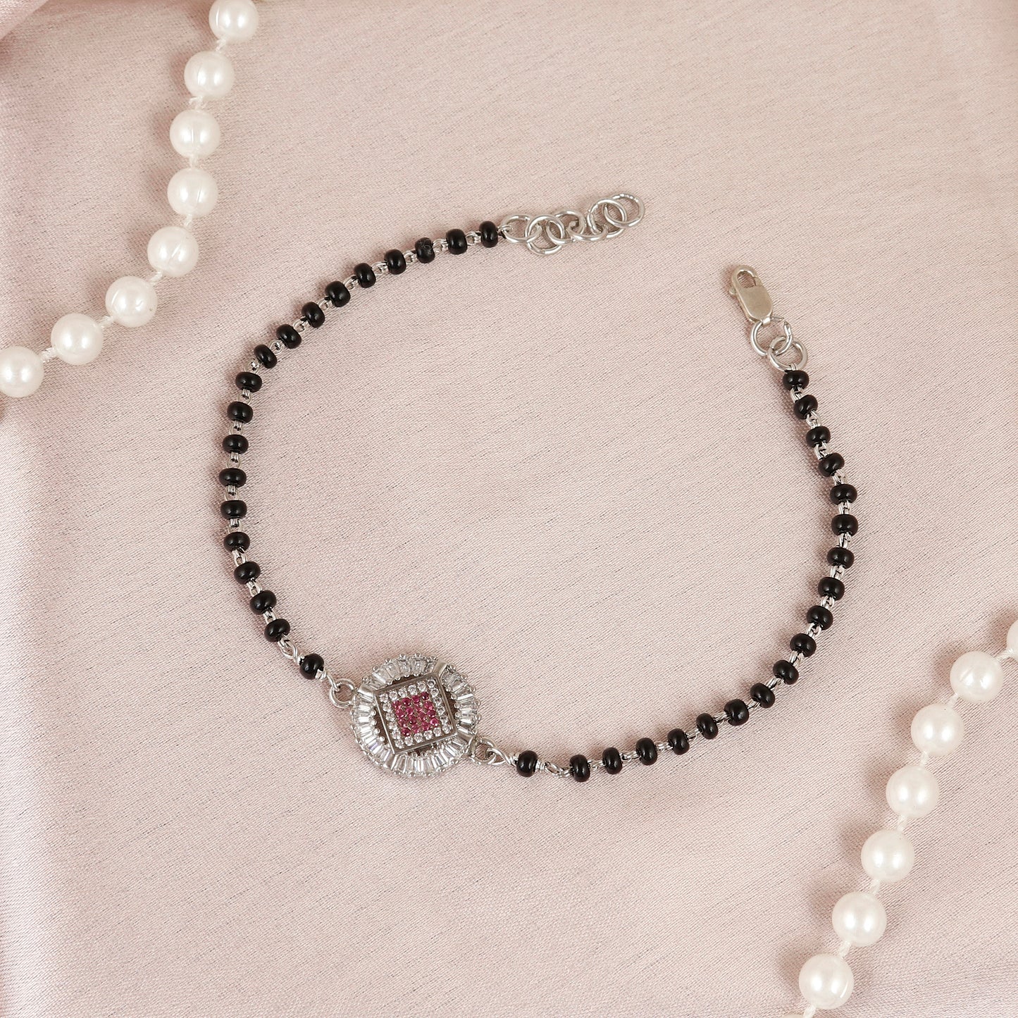 Ruby Square Halo Silver Mangalsutra Bracelet
