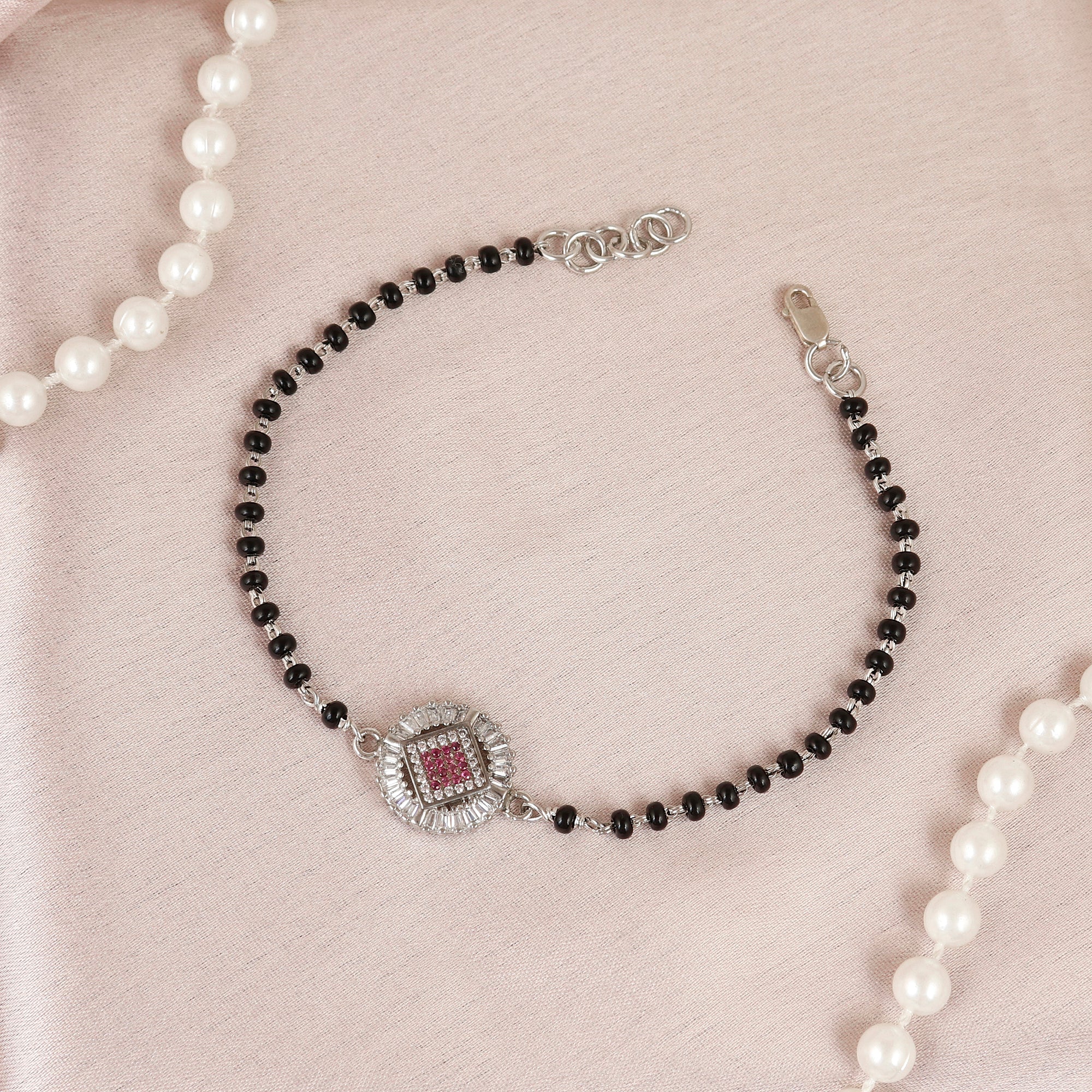 Ruby Square Halo Silver Mangalsutra Bracelet