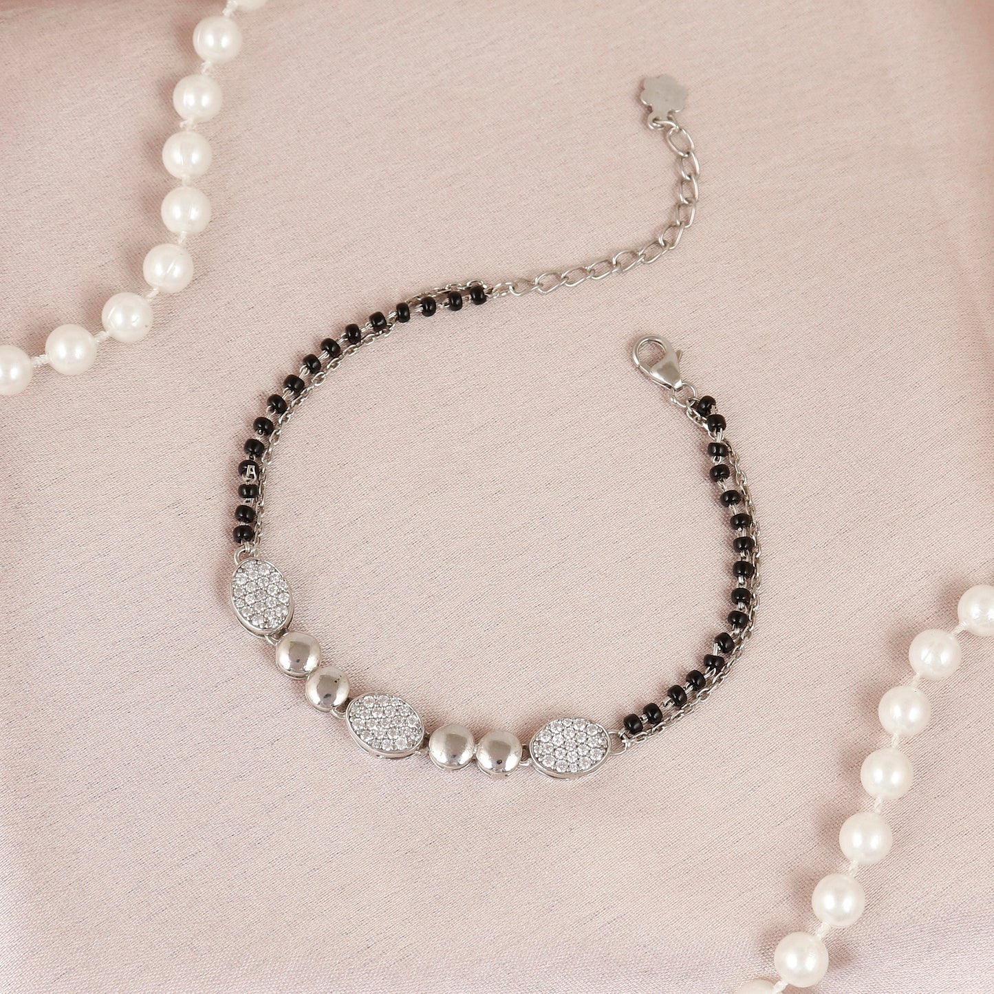 Contemporary Silver CZ Pebble Charm Mangalsutra