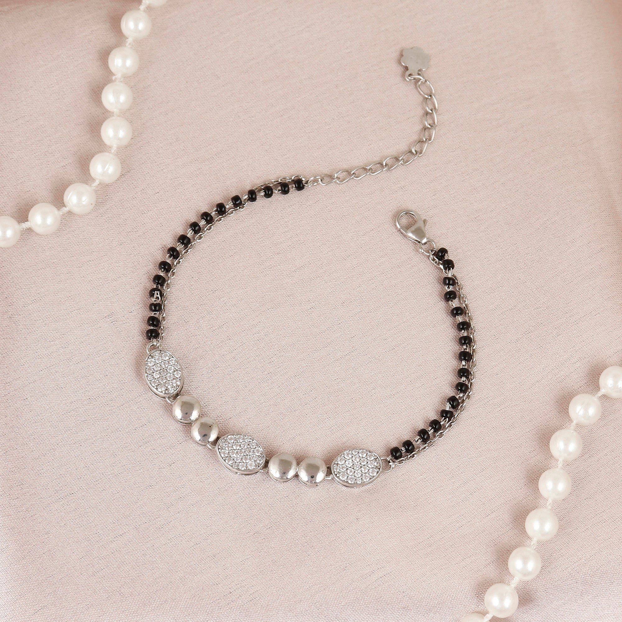 Contemporary Silver CZ Pebble Charm Mangalsutra