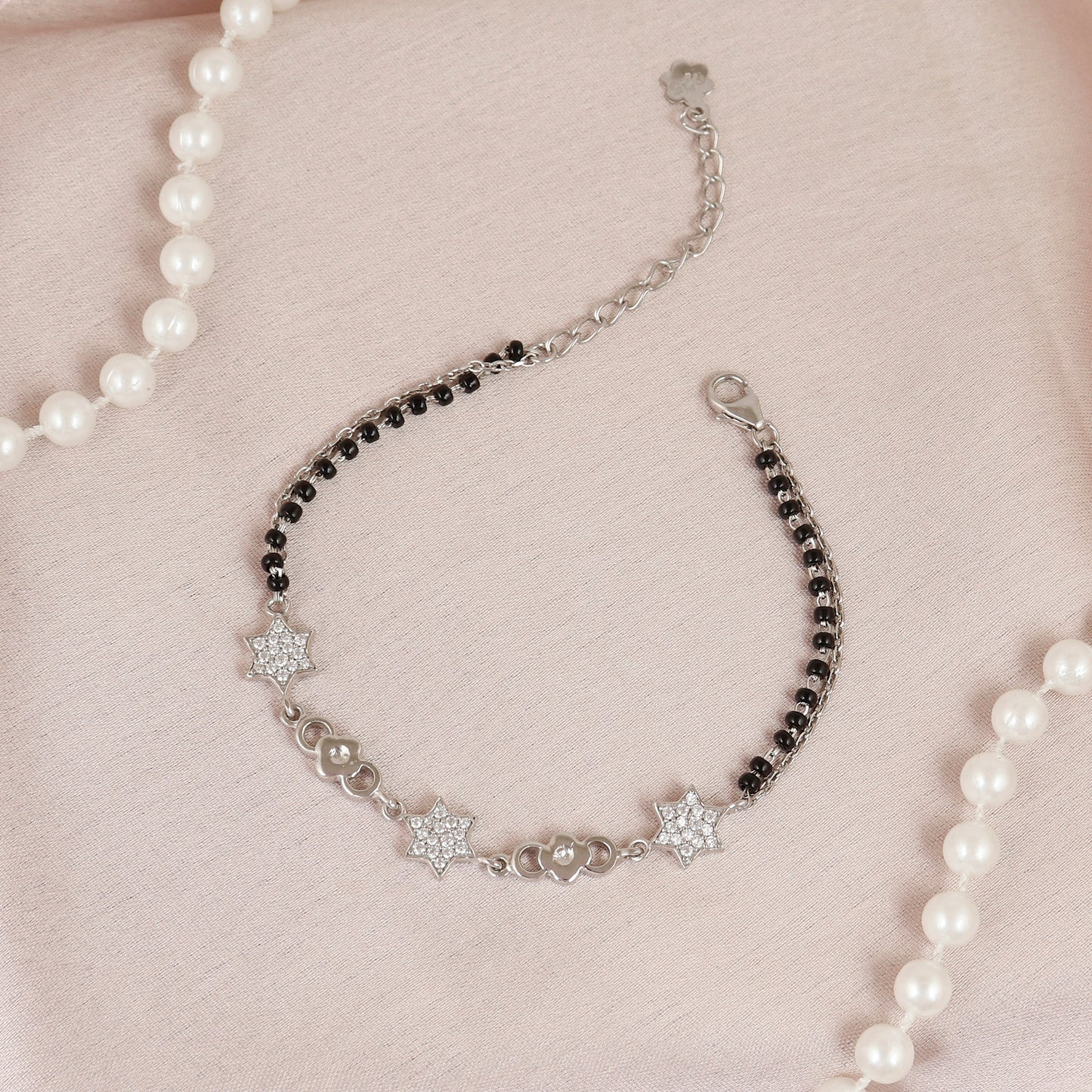 Adjustable Silver Star and Flower Charm Mangalsutra Bracelet