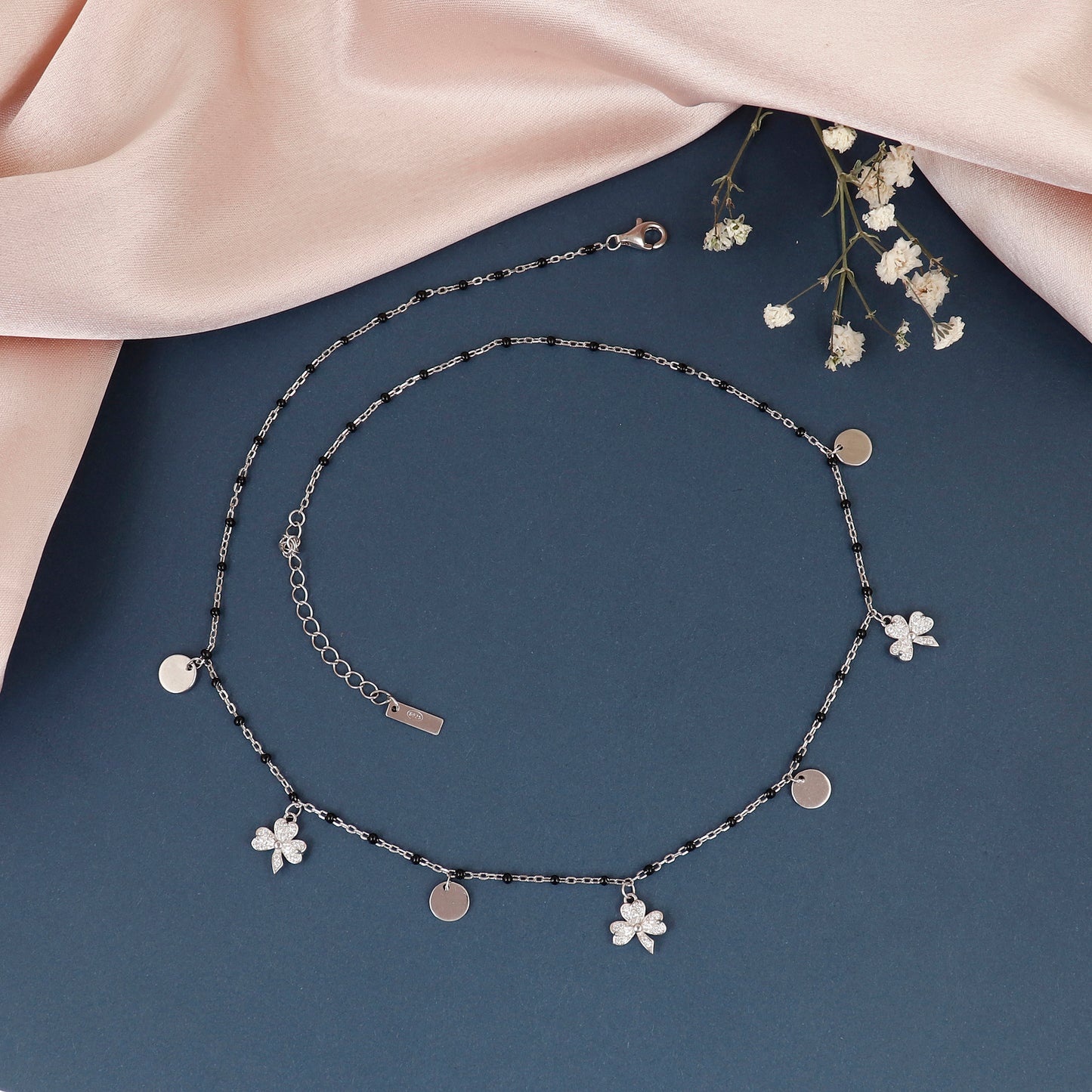 Pave Flowers Circular Discs Silver Mangalsutra