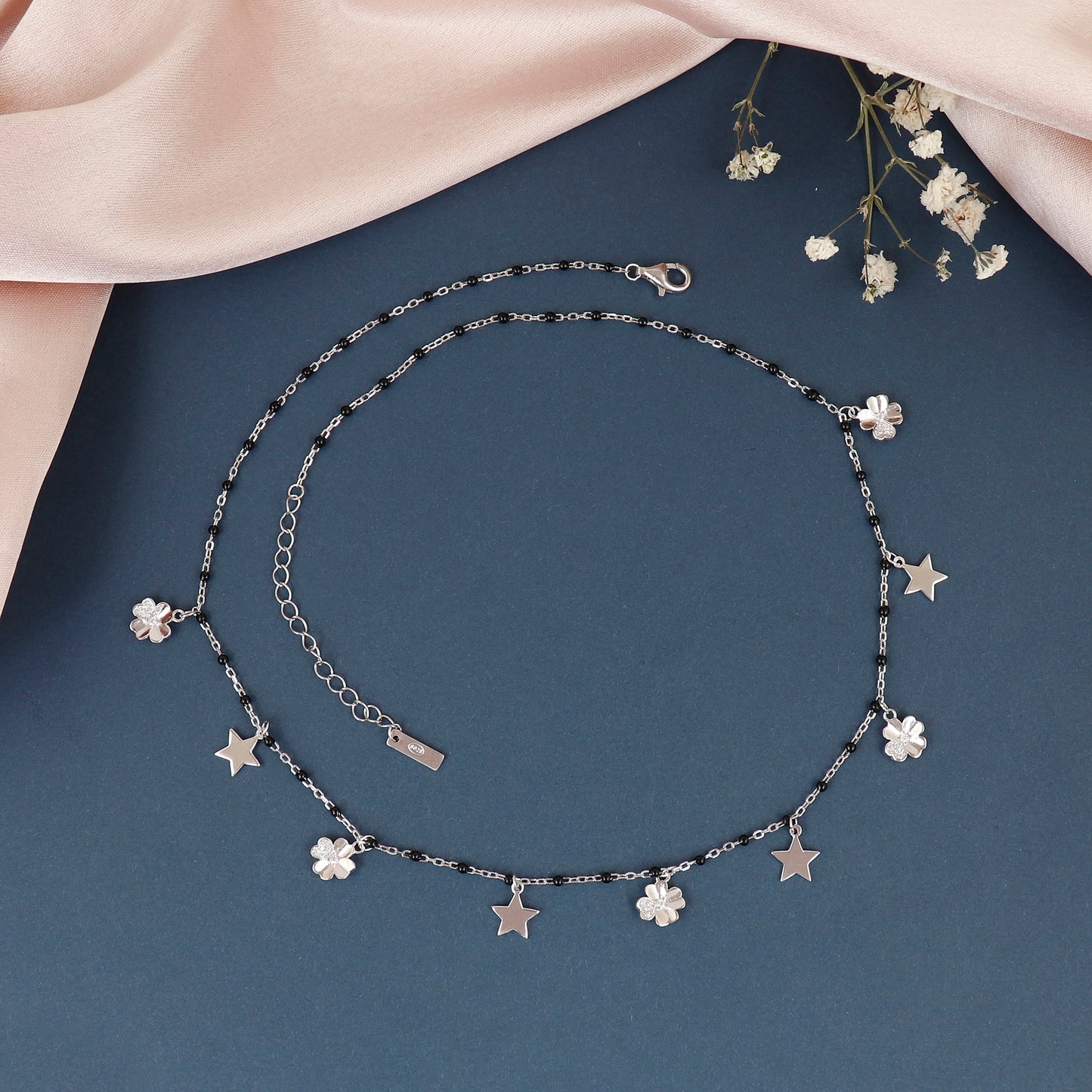 Alternating Stars Pave Flowers Silver Mangalsutra