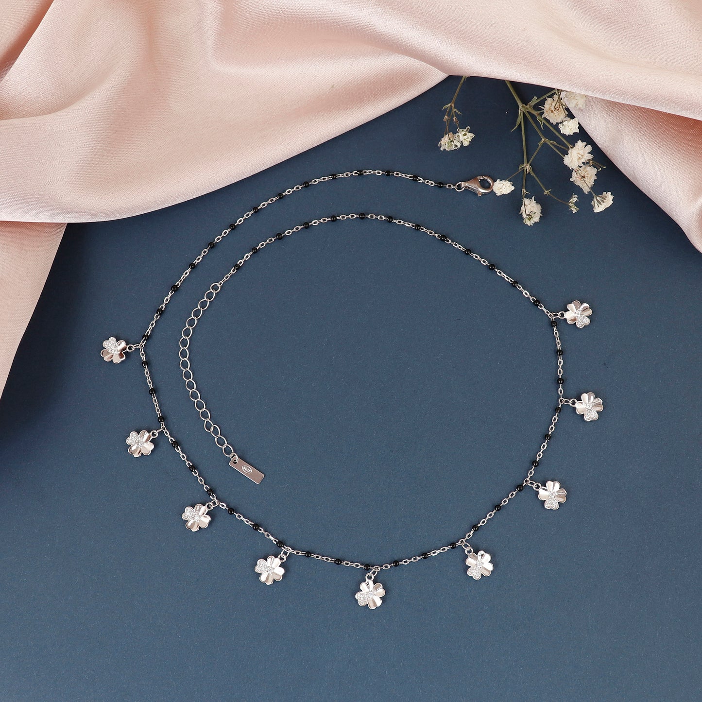 Delicate Leaf Flowers Silver Mangalsutra
