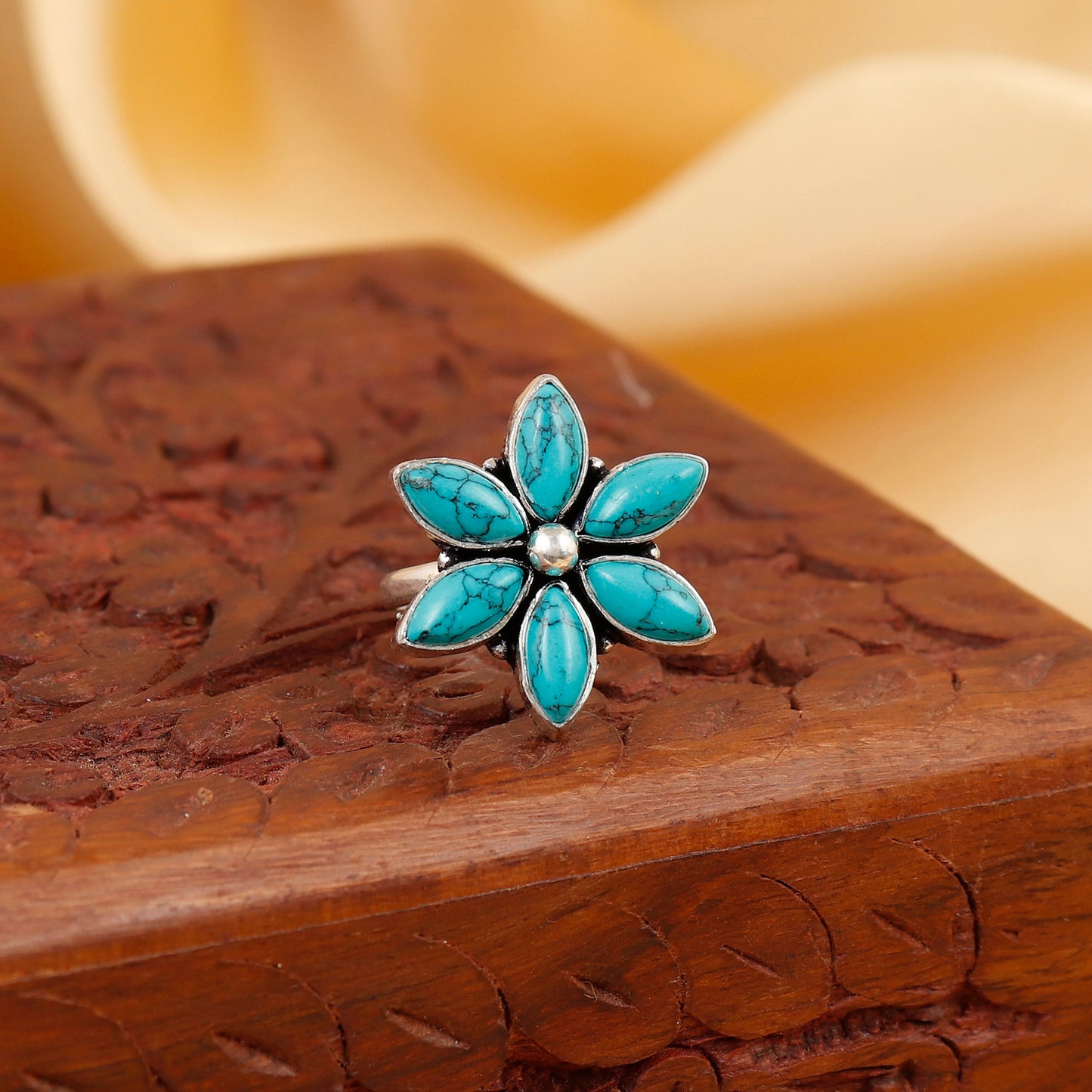 Turquoise Lotus Statement Piece Silver Ring