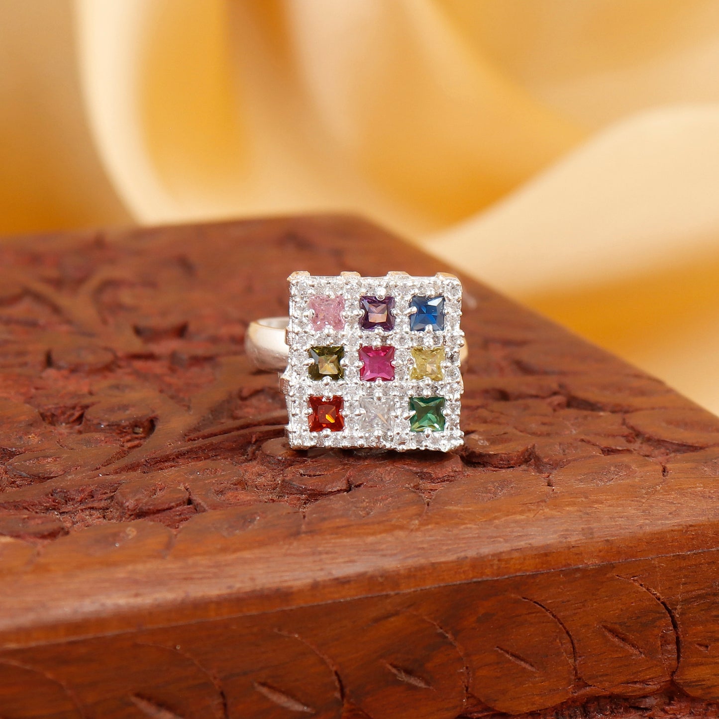Pure 925 Navratan Minimilist Silver Ring Adjustable