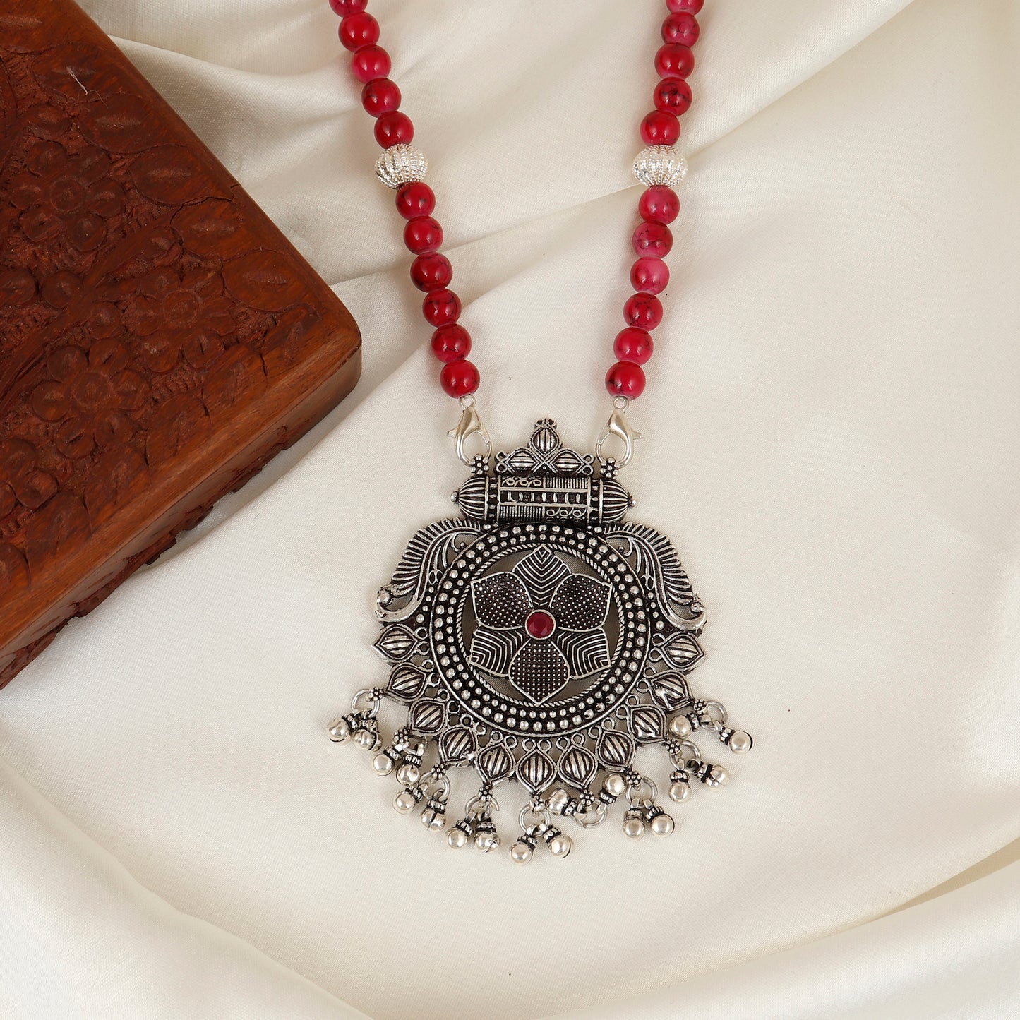 Ruhani Gul Floral Mandala Oxidized Silver Pendant