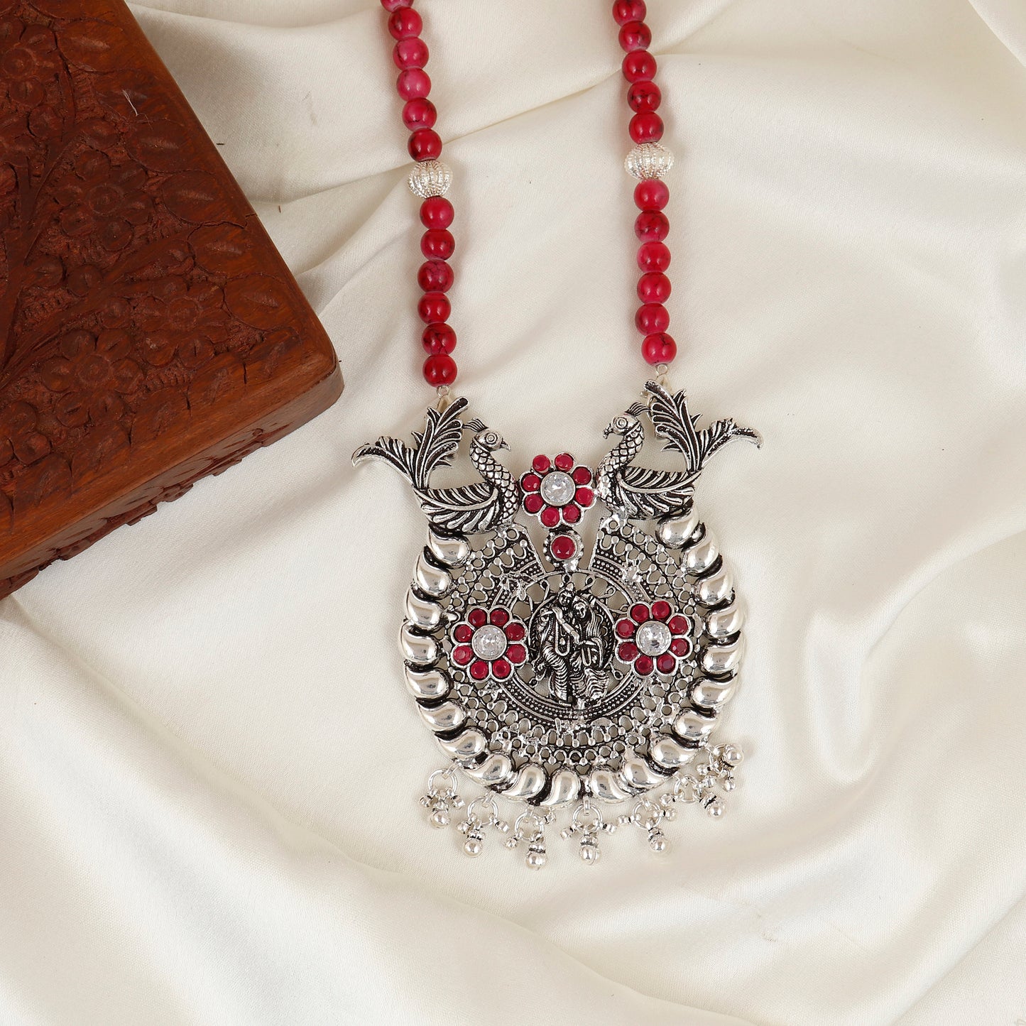 Nirtya Mayura Divine Radha Krishna Silver Necklace