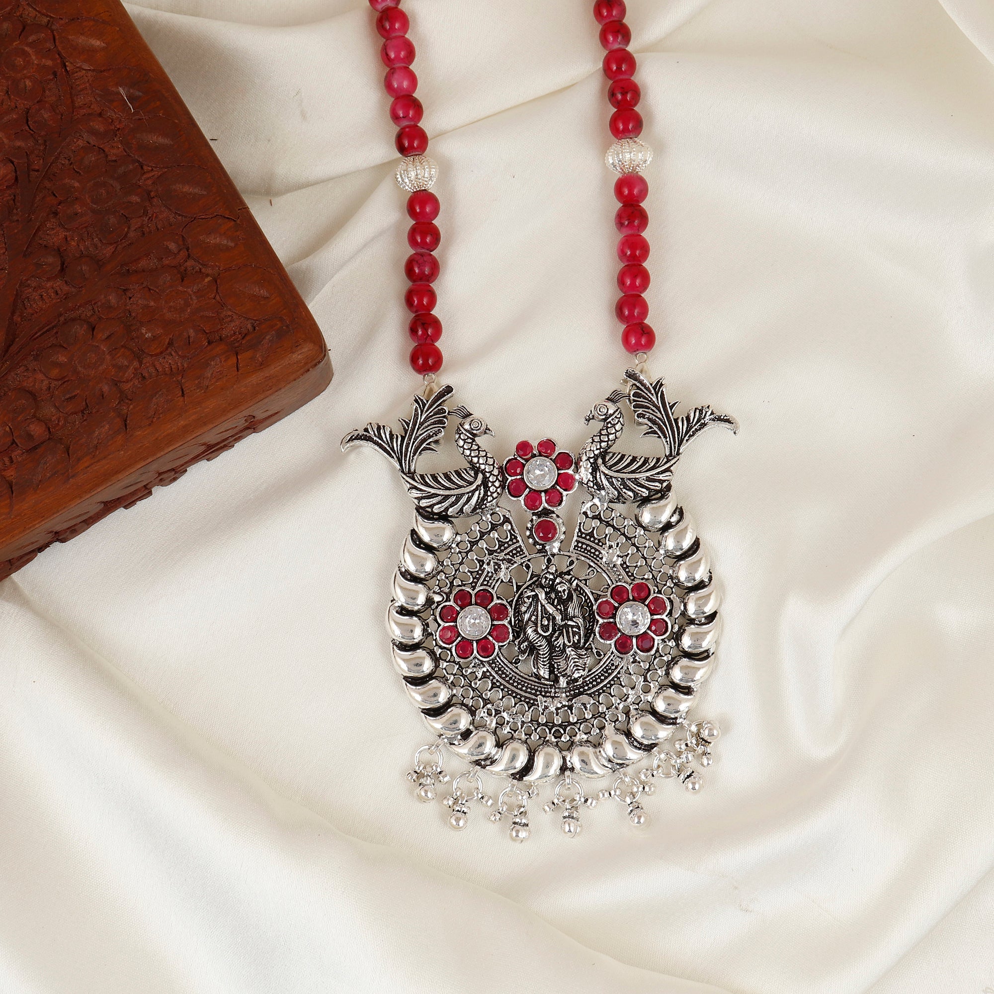 Nirtya Mayura Divine Radha Krishna Silver Necklace