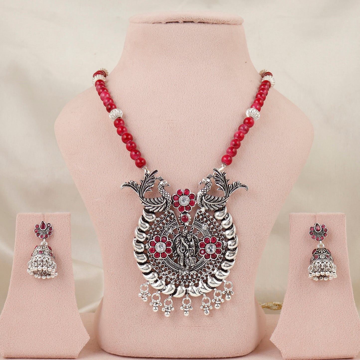 Nirtya Mayura Divine Radha Krishna Silver Necklace