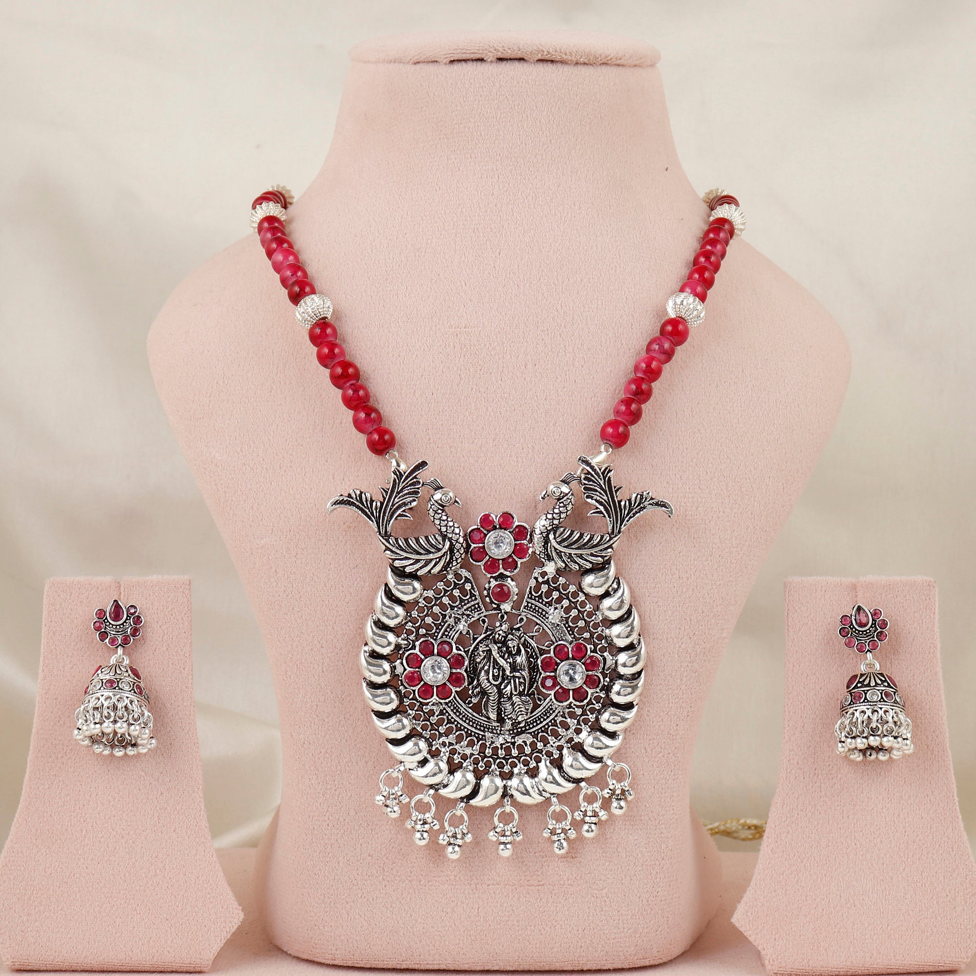 Nirtya Mayura Divine Radha Krishna Silver Necklace