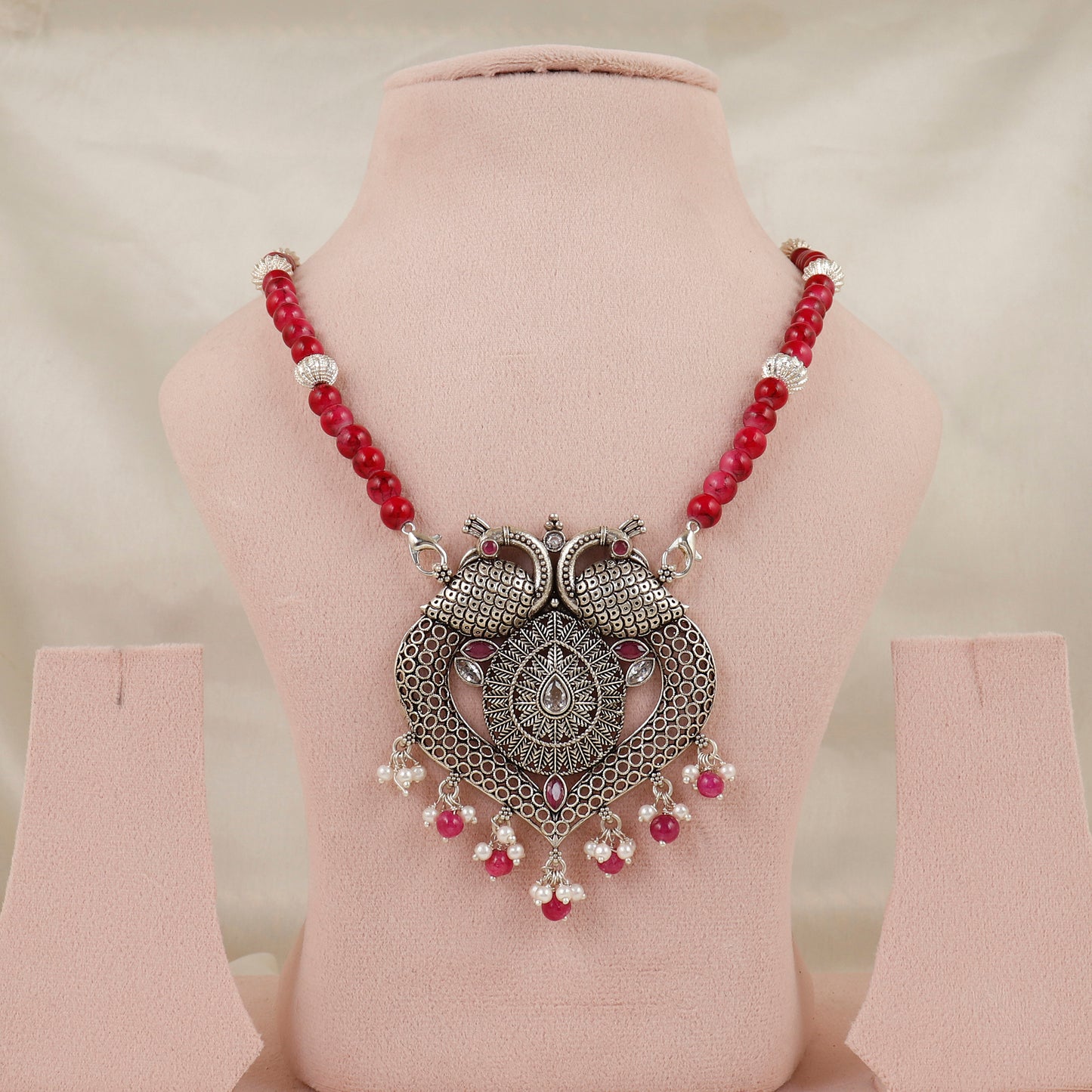 Mayur Bandhan Heart Silver Oxidized Necklace
