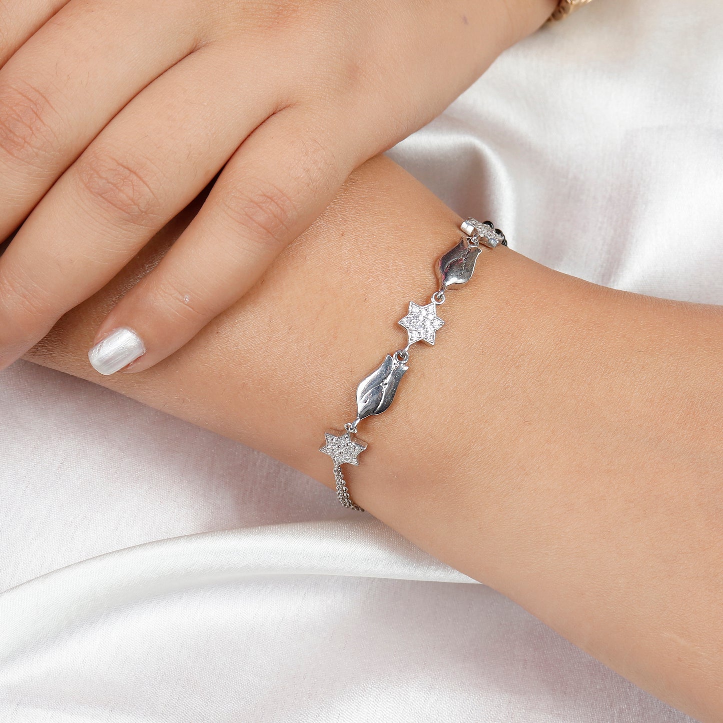 Adjustable Silver Floral Mangalsutra Bracelet for Women