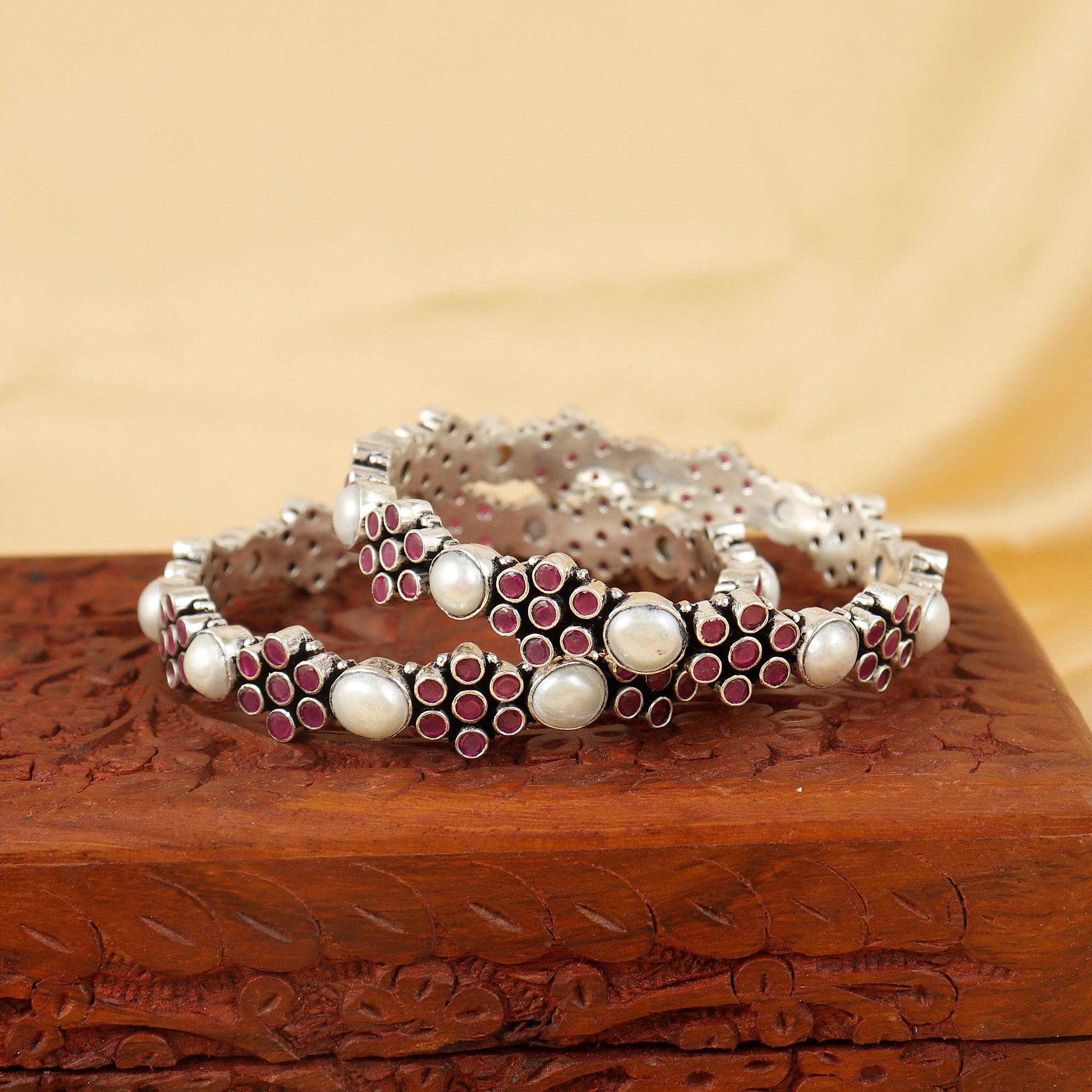 Peral Ruby Floral Silver Bangle