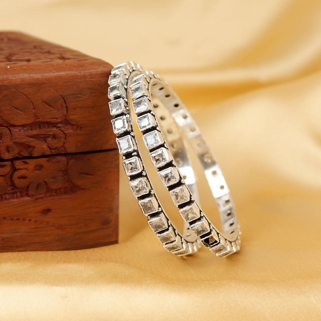 Cubic Zirconia Square Shape Silver Bangle