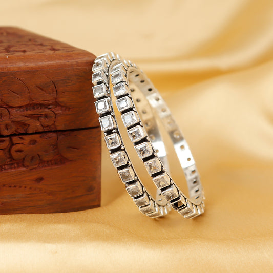 Cubic Zirconia Square Shape Silver Bangle