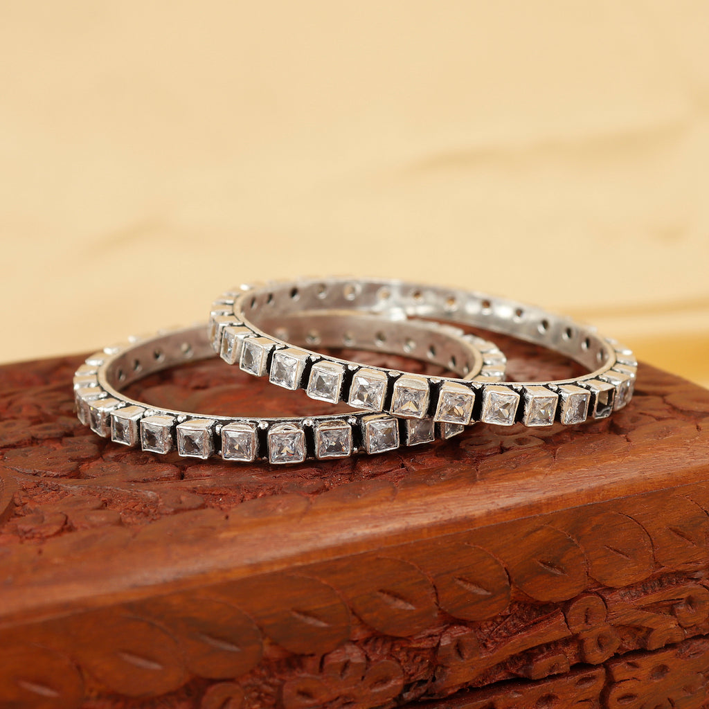 Cubic Zirconia Square Shape Silver Bangle