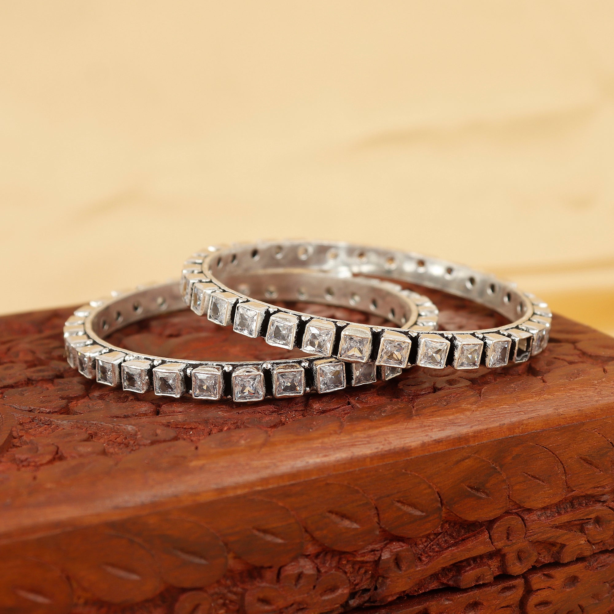 Cubic Zirconia Square Shape Silver Bangle