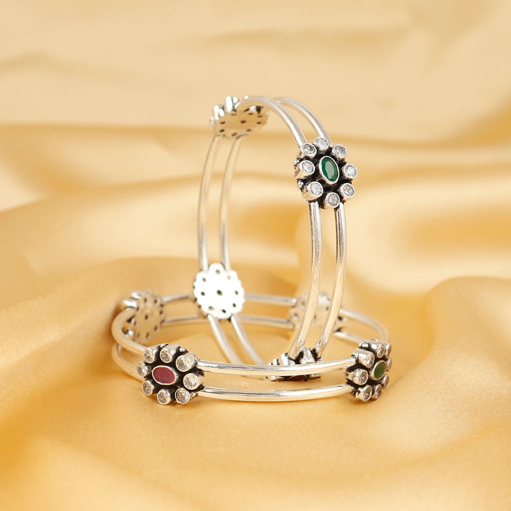 Double Layered Phool Silver Bangle