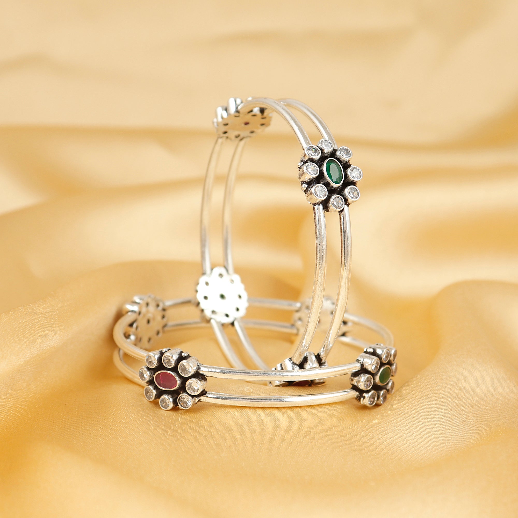 Double Layered Phool Silver Bangle