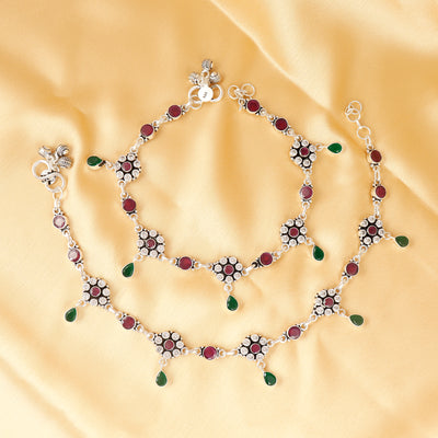 Jadau Multicolor Gemstone Floral Silver Anklet