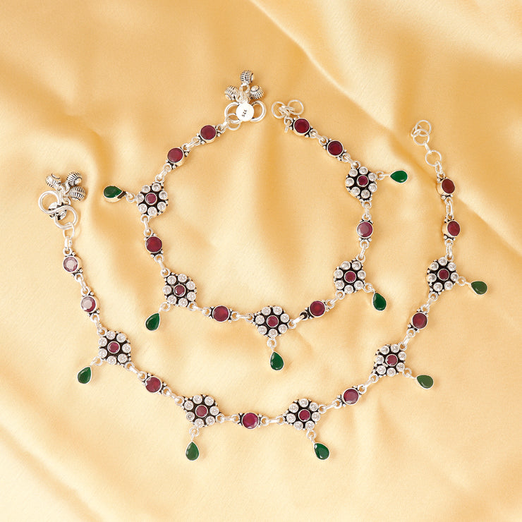 Jadau Multicolor Gemstone Floral Silver Anklet