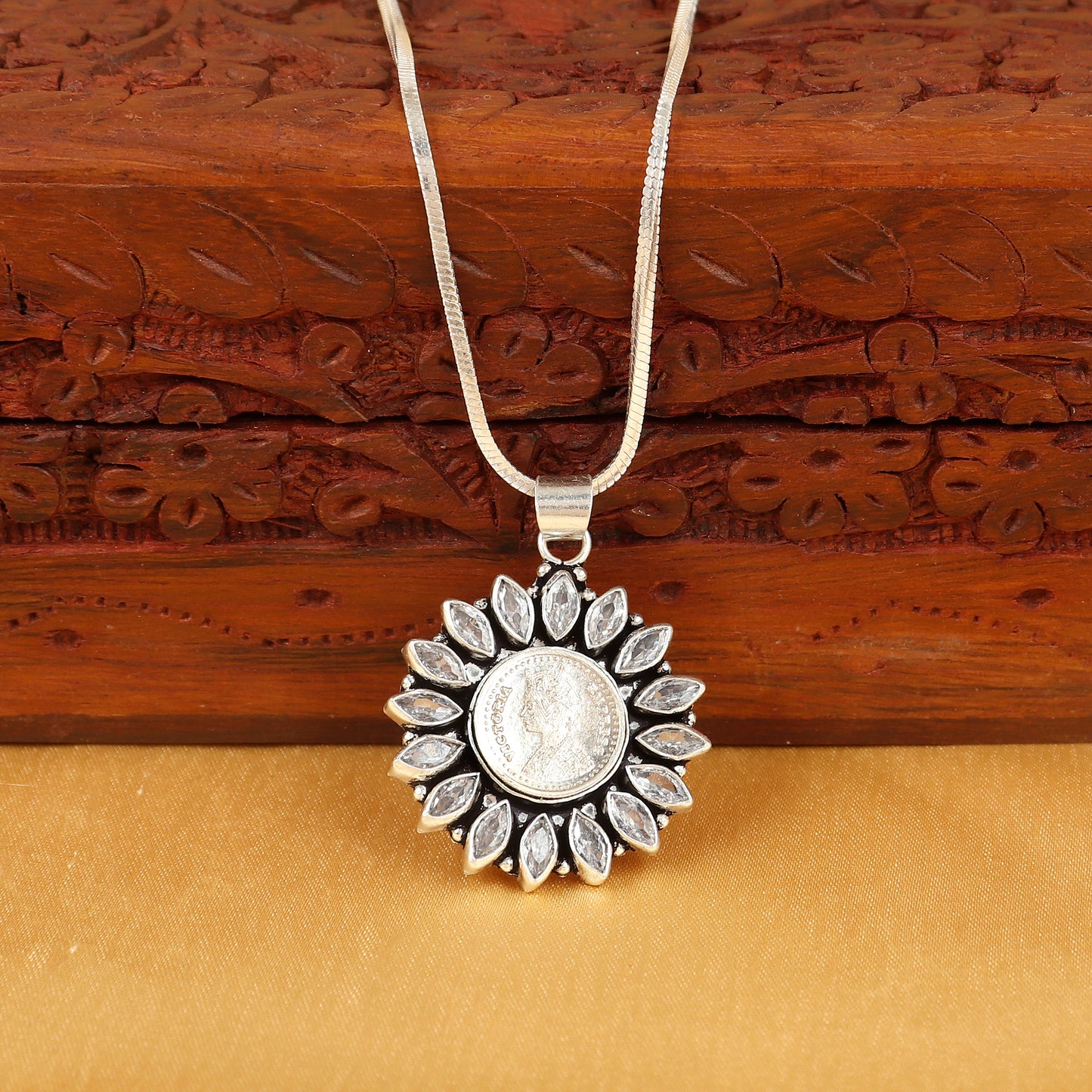 925 Silver Coin Sun Floral  Pendant