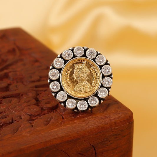 92.5 Gold Polished Silver Coin Queen Heritage Ring