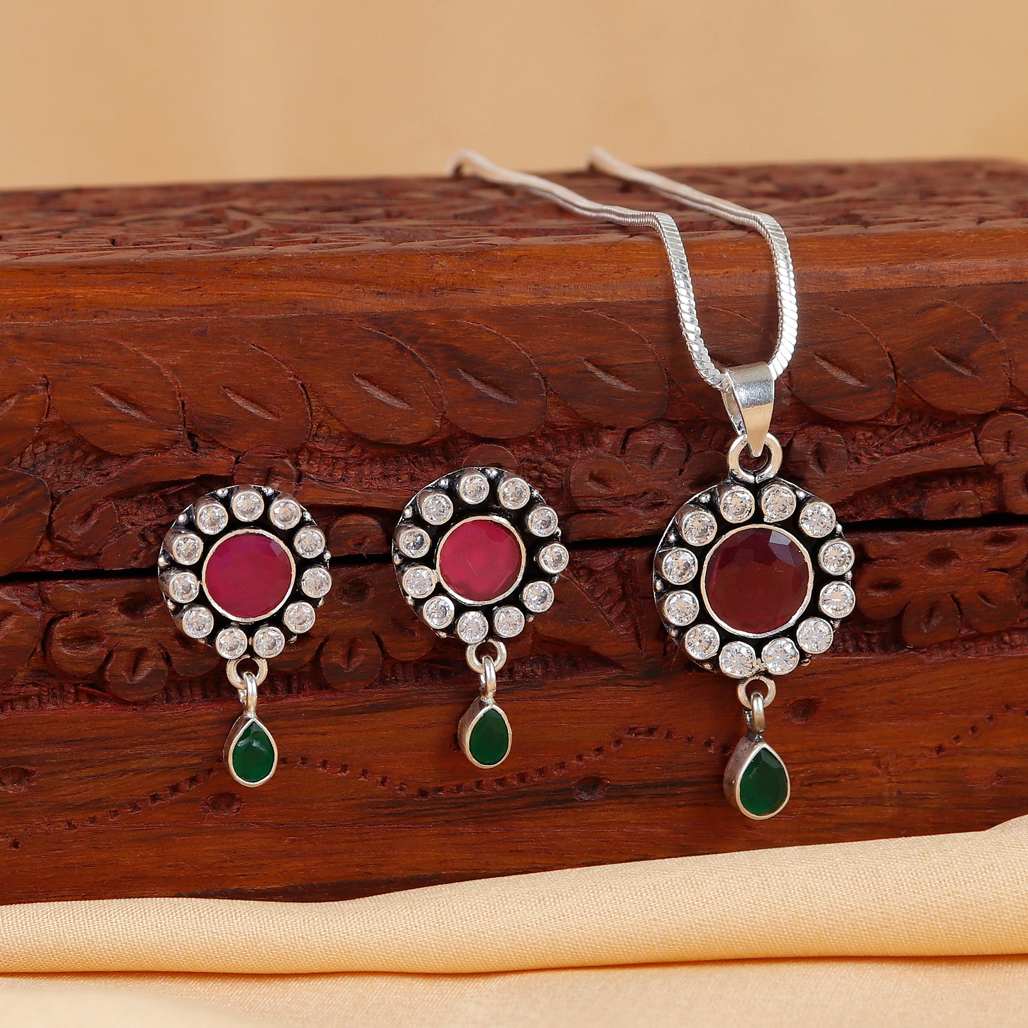 Ruby and Emerald Drop Statement Silver Necklace