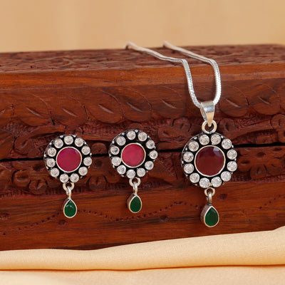 Ruby and Emerald Drop Statement Silver Necklace